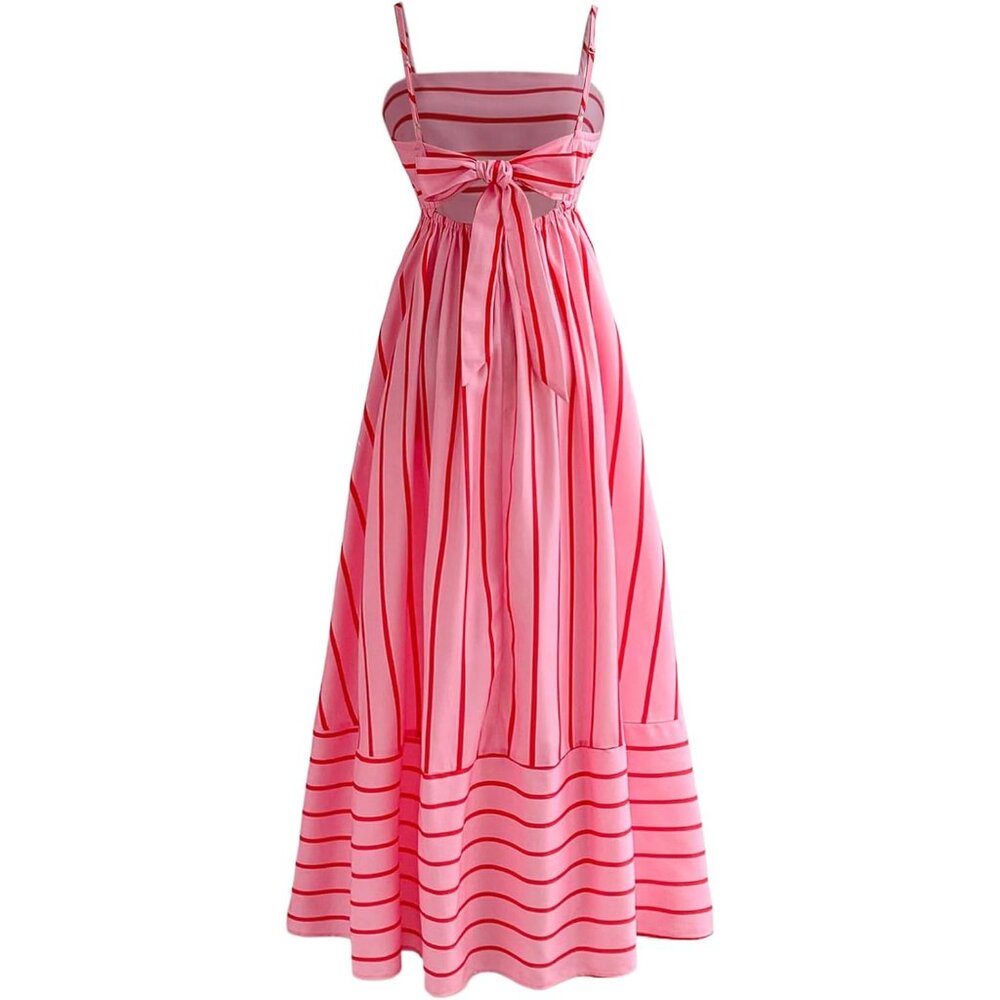 Women's Striped Bowknot Back Cami Maxi Dress Sleeveless Vacation Casual